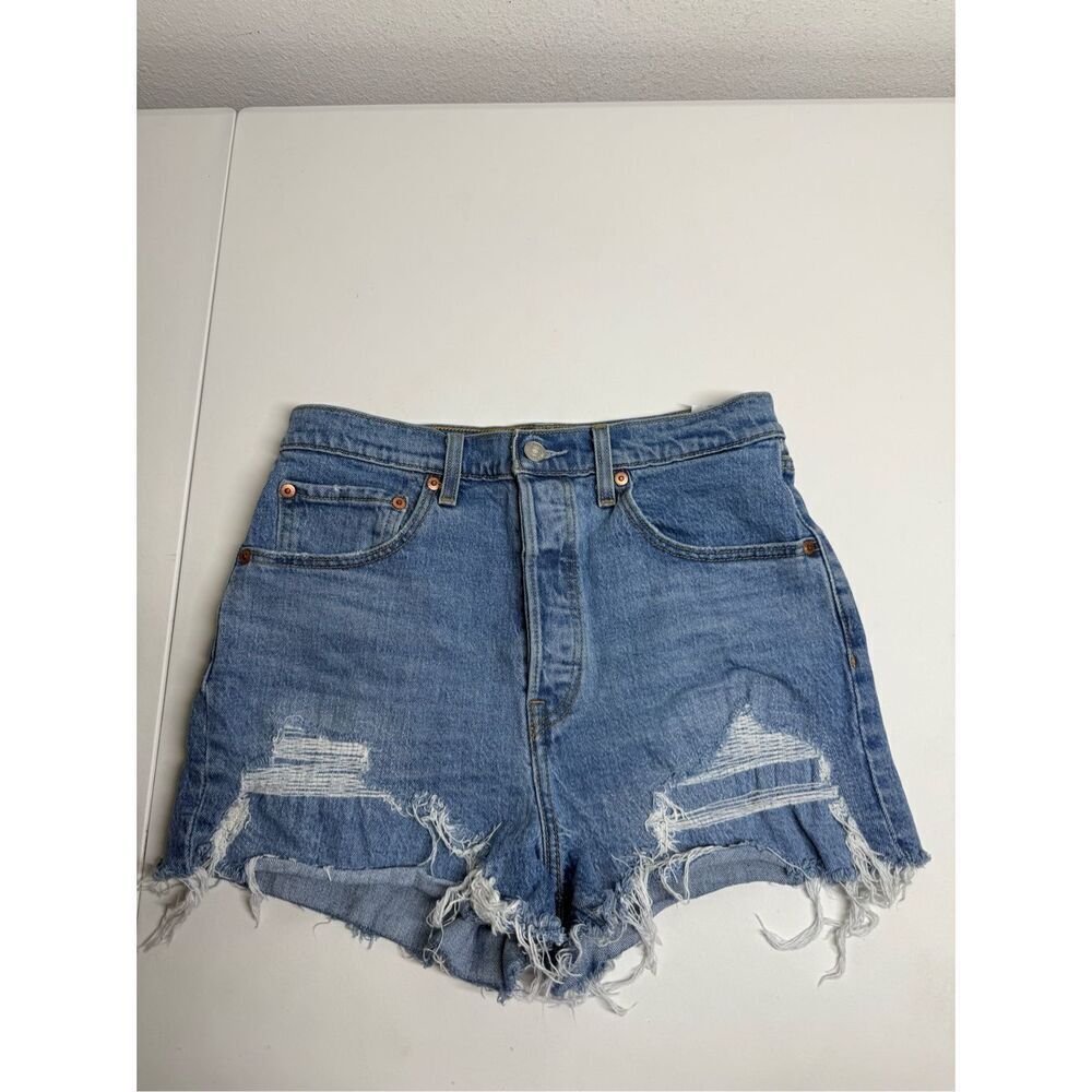 Levi's Blue Distressed Ribcage Denim High Waisted Jeans Shorts 30 Button Fly